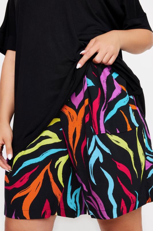 Plus Size  YOURS Curve Black Rainbow Zebra Print Paperbag Shorts