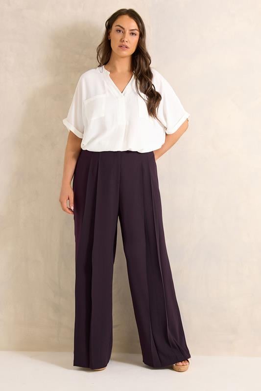 EVANS Plus Size Plum Textured Pleated Trousers | Evans 1