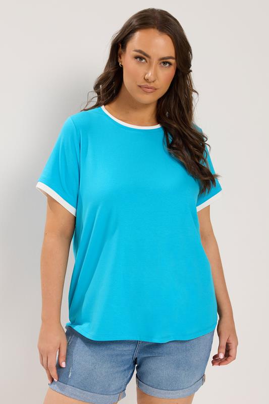 YOURS Curve Blue Premium Ringer T-Shirt