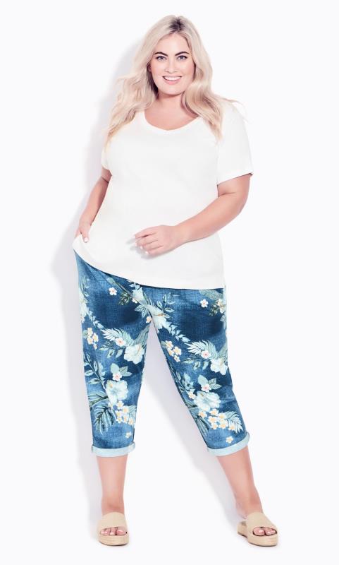 Plus Size  Avenue Blue Washed Tropical Print Cropped Trousers