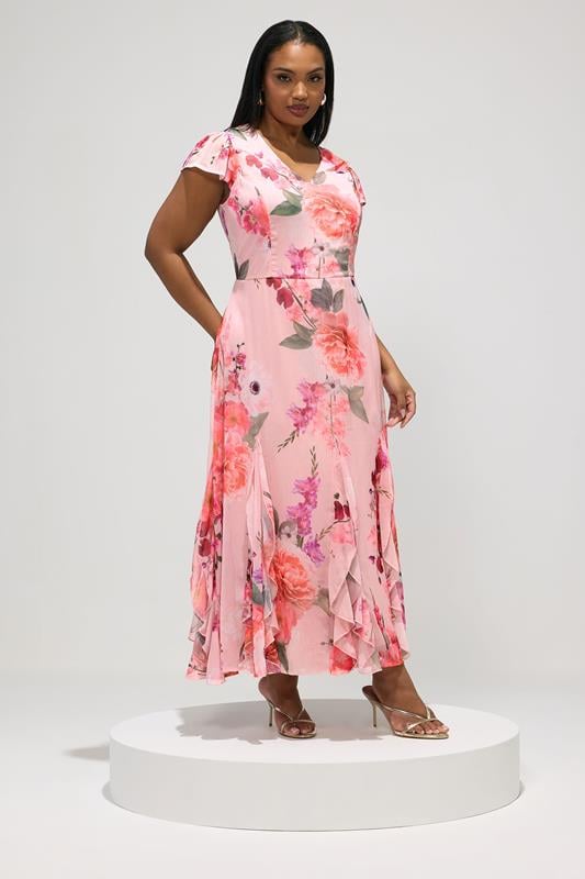  YOURS LONDON Curve Pink Floral Ruffle Godet Hem Maxi Dress