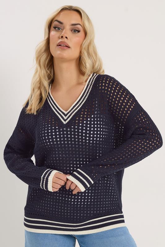  YOURS Curve Navy Blue Crochet Contrast Trim Jumper