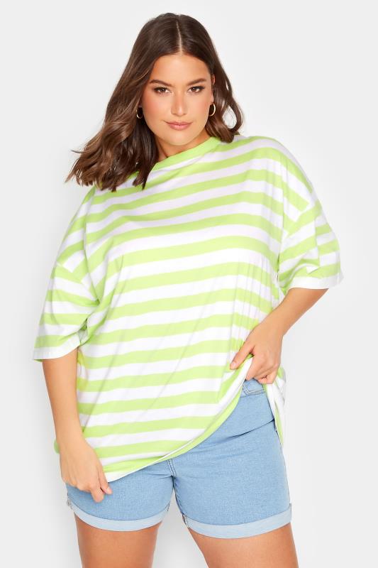 Plus Size  YOURS Curve Lime Green Stripe Oversized Boxy T-Shirt