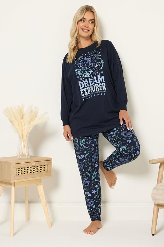 YOURS Plus Size Navy Blue 'Dream Explorer' Cuffed Pyjama Set | Yours Clothing 1