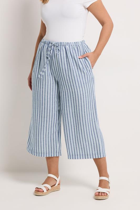 YOURS Plus Size Blue Stripe Linen Look Cropped Trousers | Yours Clothing 1