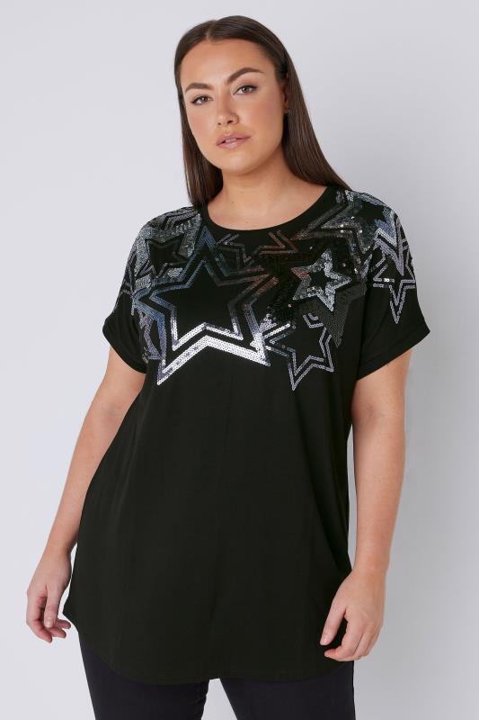 EVANS Plus Size Black Sequin Star Top
