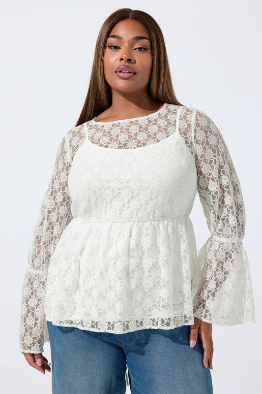  LIMITED COLLECTION Curve Cream Lace Flare Sleeve Peplum Top