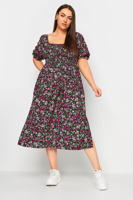 YOURS Plus Size Black & Pink Ditsy Floral Print Shirred Midaxi Dress | Yours Clothing 3