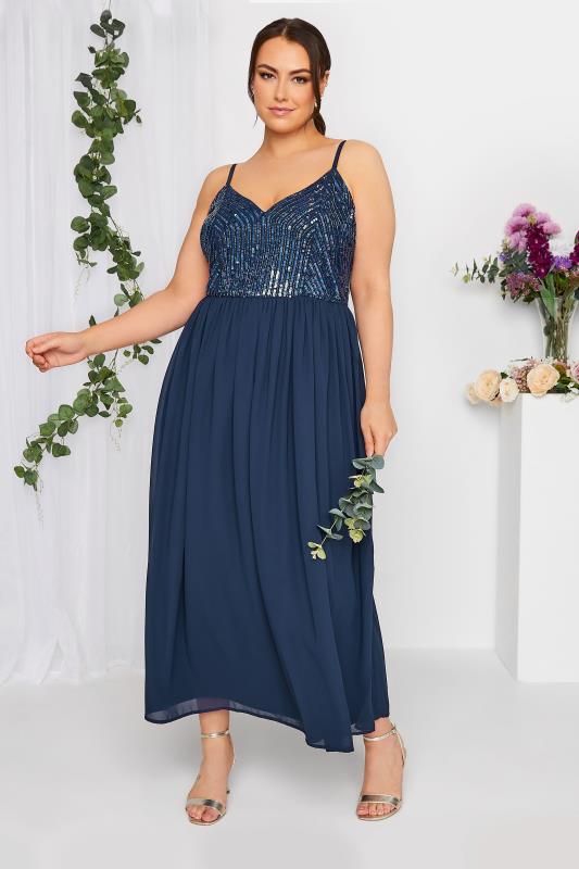 LUXE Plus Size Navy Blue Sequin Embellished Sleeveless Maxi Dress | Yours Clothing 2