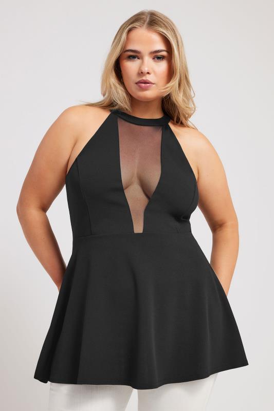 YOURS LONDON Plus Size Black Choker Peplum Top | Yours Clothing 1