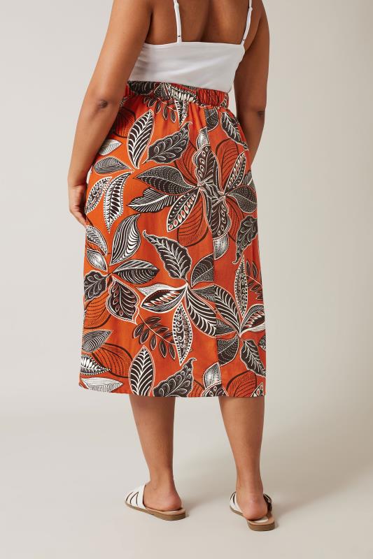 EVANS Plus Size Orange Leaf Print Linen Midi Skirt | Evans 4