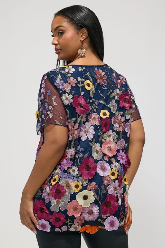 YOURS LONDON Plus Size Navy Blue 3D Floral T-Shirt | Yours Clothing 2