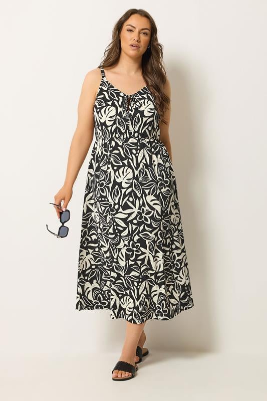 YOURS Plus Size Black Tropical Keyhole Dress | Yours Clothing 1