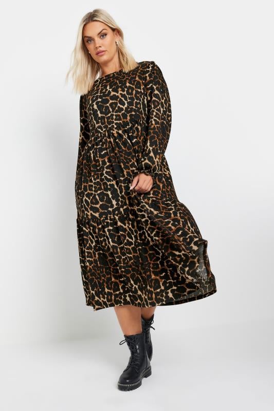 YOURS Plus Size Brown Leopard Print Textured Midaxi Dress | Yours Clothing 3