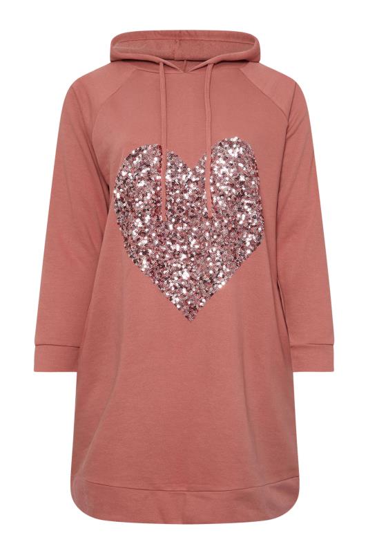 YOURS Plus Size Pink Sequin Embellished Heart Hoodie Dress | Yours Clothing  5