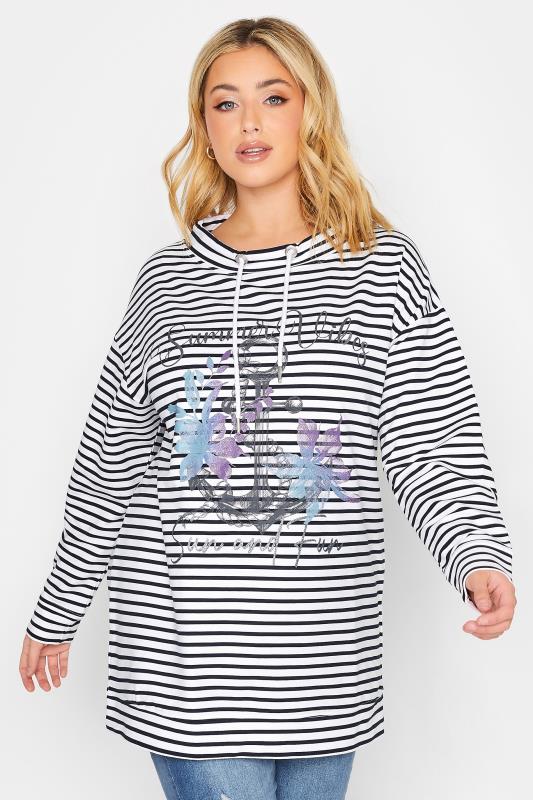 Plus Size  YOURS Curve White & Black Stripe Anchor Print Sweatshirt