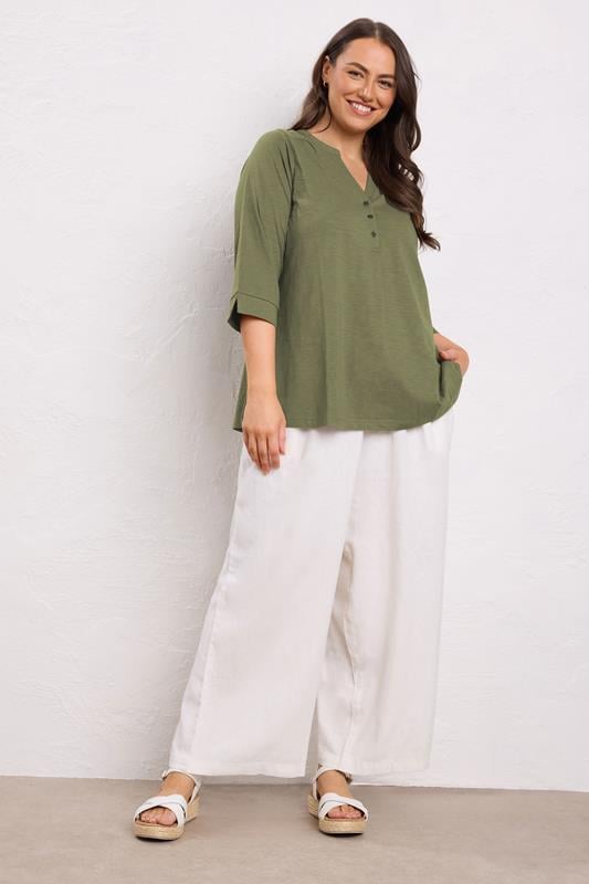 EVANS Plus Size Khaki Green Pleat Front Henley Top | Evans 2