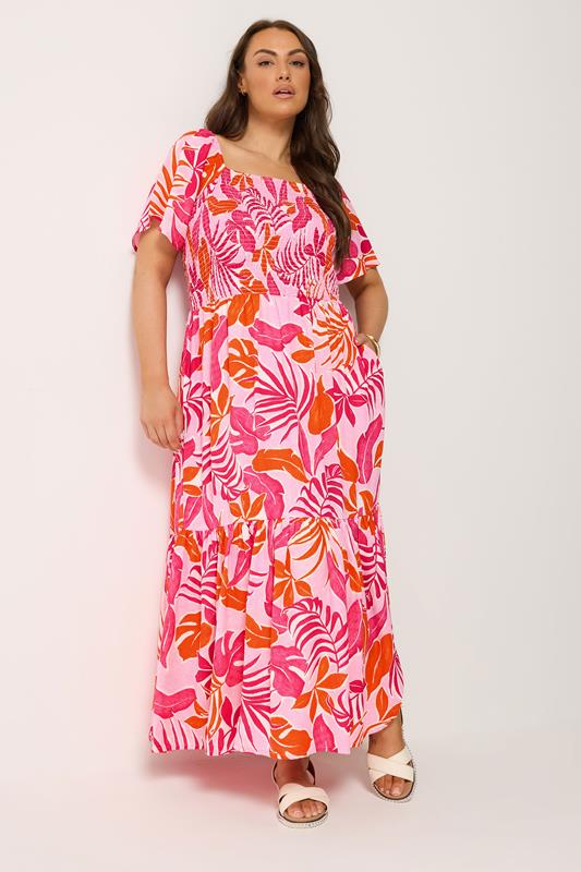  YOURS Curve Pink Palm Leaf Shirred Maxi Dress