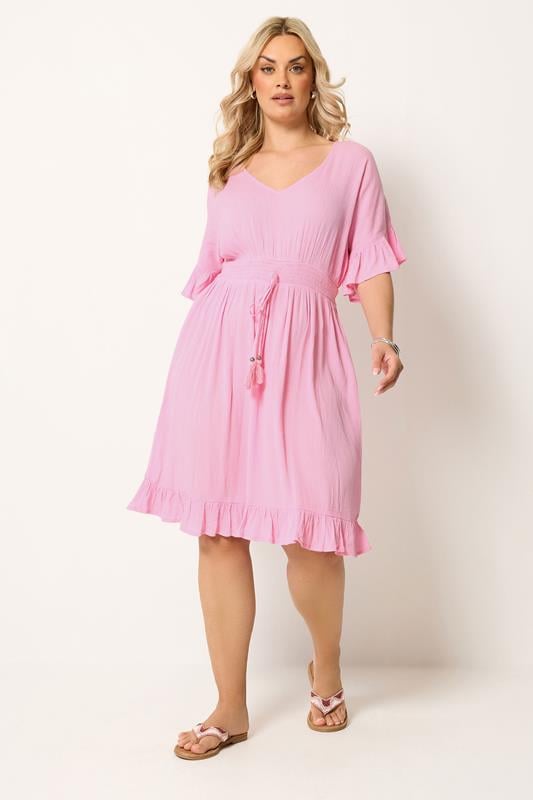 YOURS Plus Size Pink Crinkle Beach Dress | Yours Clothing 1