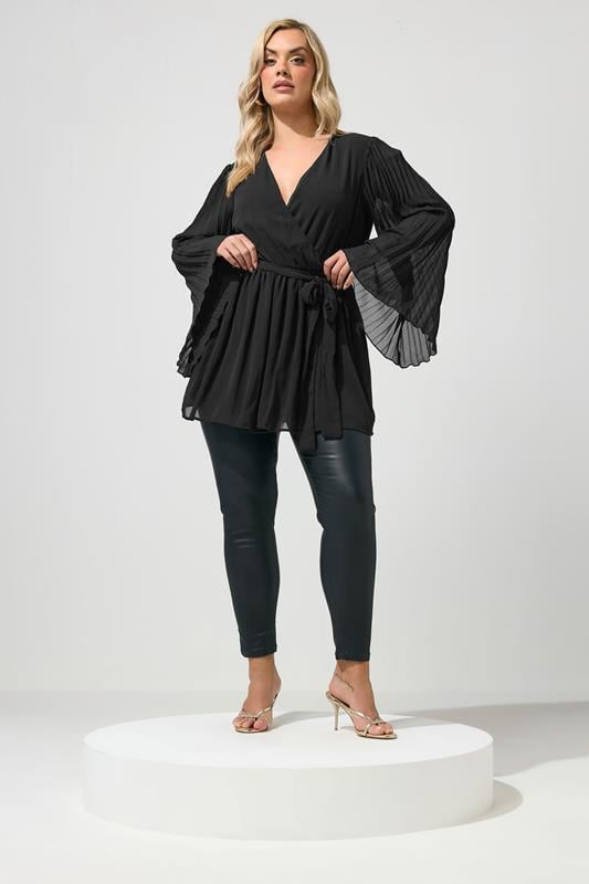 YOURS LONDON Plus Size Black Pleat Sleeve Wrap Top | Yours Clothing 1