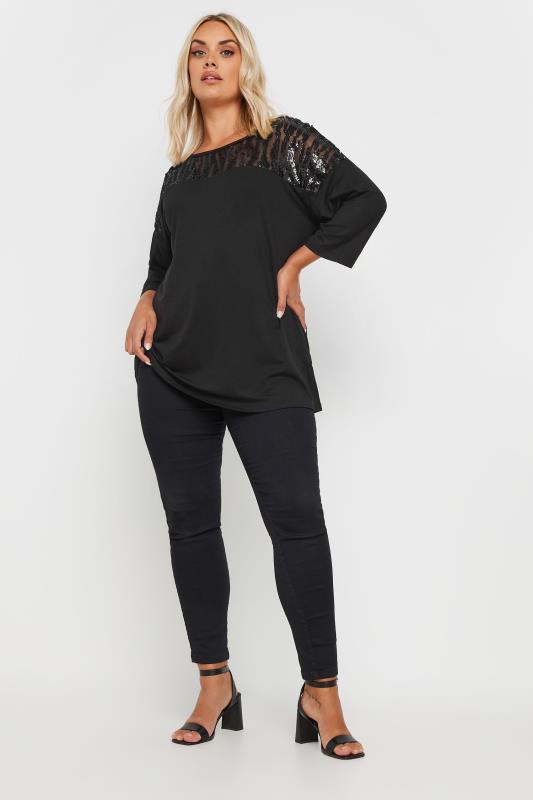 YOURS Plus Size Black Sequin Mesh Top | Yours Clothing 2