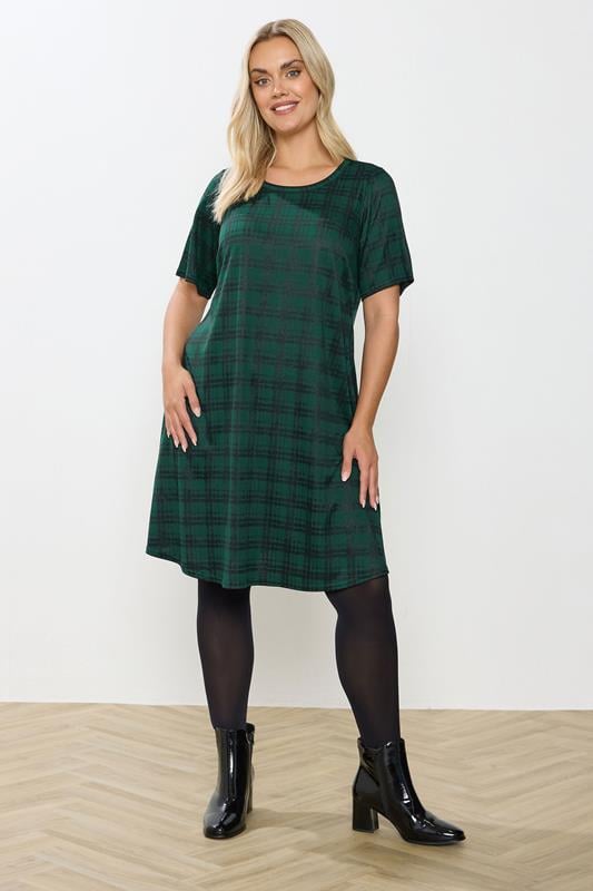 YOURS Plus Size Green Check Mini Dress | Yours Clothing 1