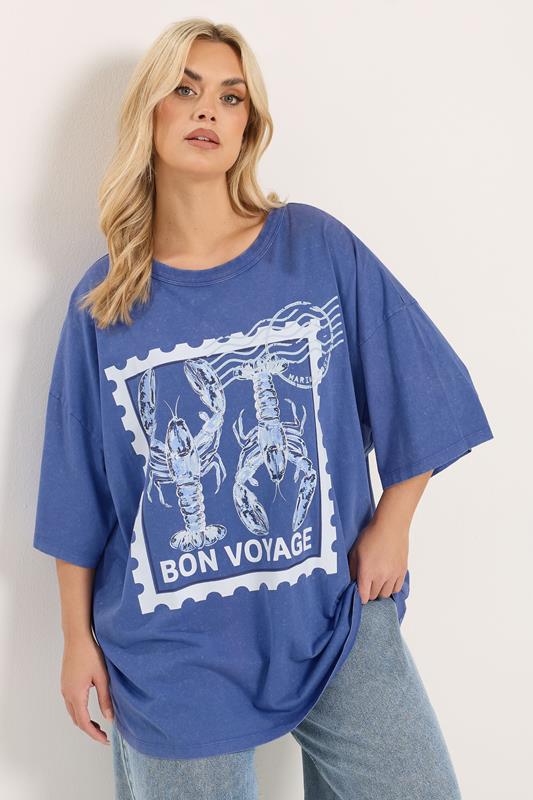 YOURS Curve Blue 'Bon Voyage' Acid Wash Slogan T-Shirt