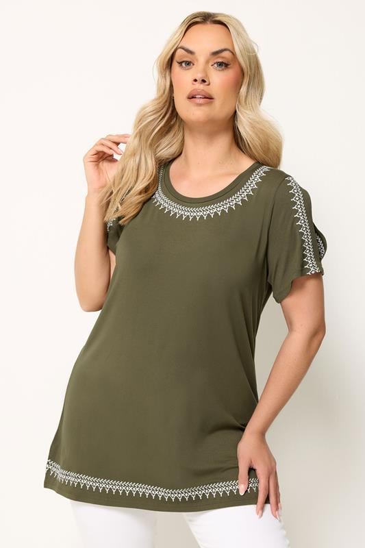 YOURS Plus Size Green Embroidered T-Shirt | Yours Clothing 1
