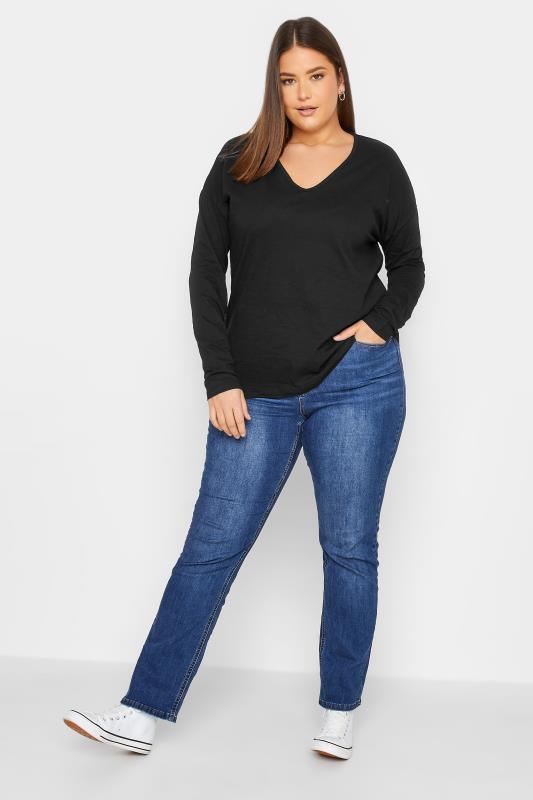 LTS Tall Women's Black V-Neck Long Sleeve Cotton T-Shirt | Long Tall Sally 3