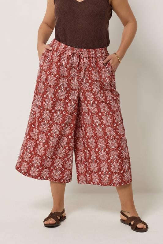  YOURS Curve Rust Orange Palm Tree Cropped Trousers