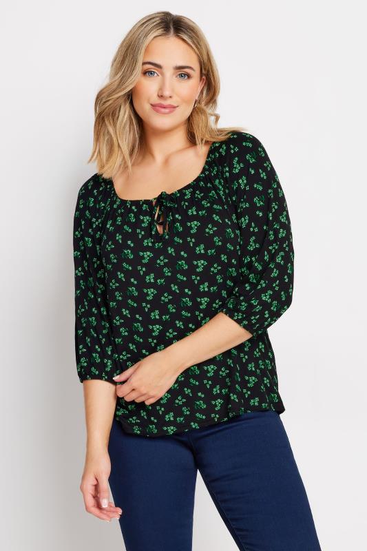 Women's  M&Co Black & Green Ditsy Print Tie Neck Top