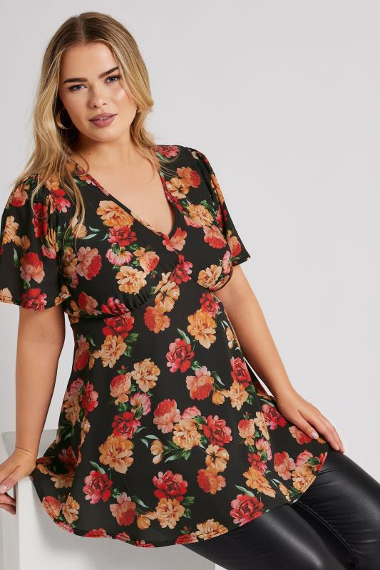 YOURS LONDON Plus Size Black Floral Print Angel Sleeve Blouse | Yours Clothing 3