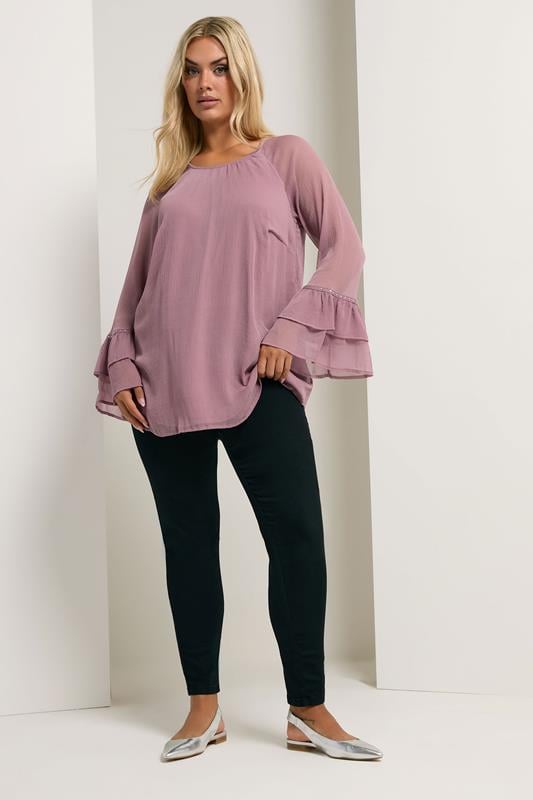YOURS Plus Size Purple Ruffle Sleeve Stud Top | Yours Clothing 1