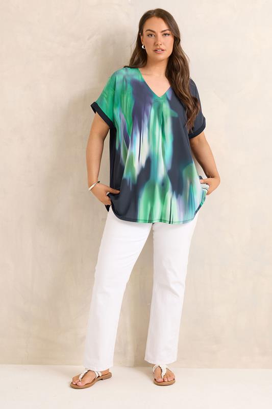 EVANS Plus Size Navy Blue & Teal Green Blurred Top 1
