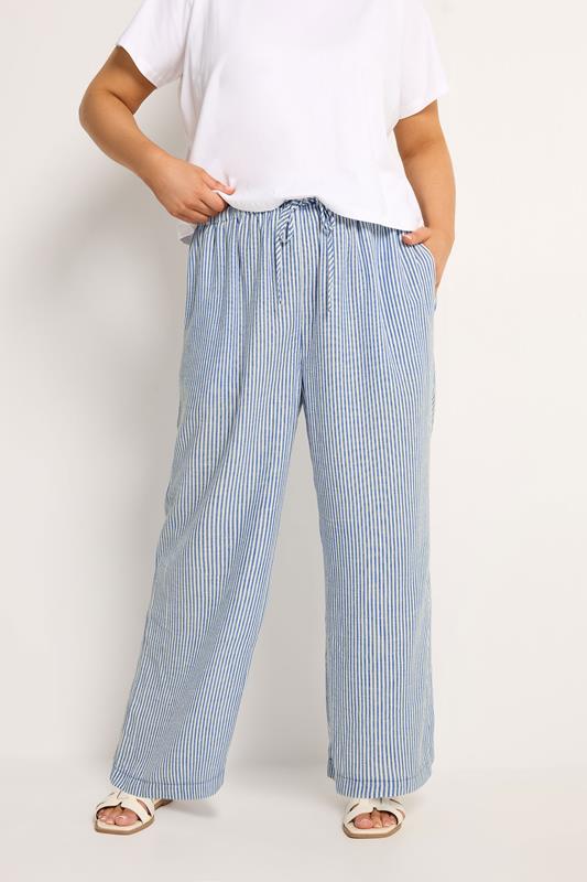 YOURS Plus Size Blue Stripe Linen Look Trousers | Yours Clothing 1