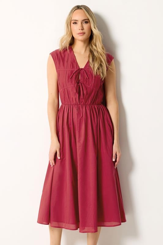 LTS Tall Berry Red Tie Front Cotton Midi Dress