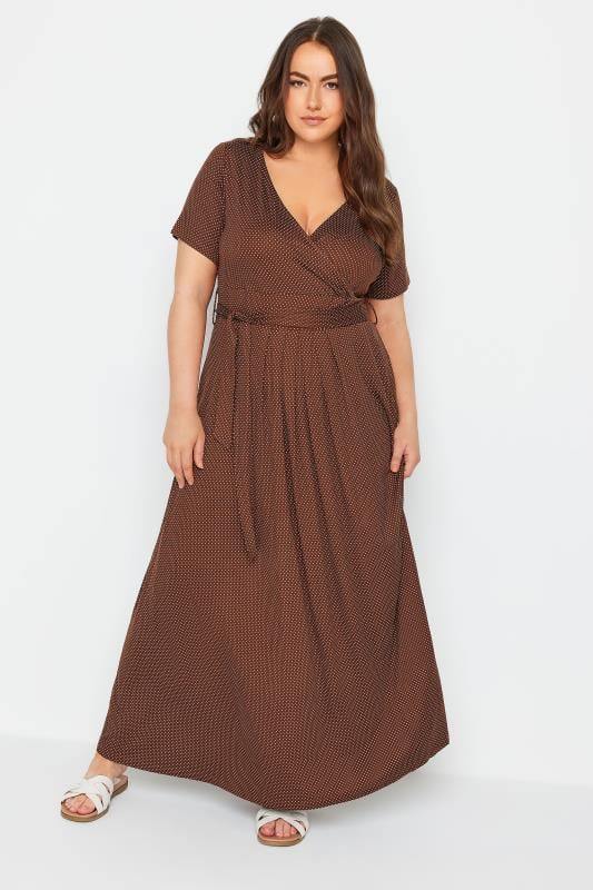 YOURS Plus Size Brown Dot Print Maxi Wrap Dress | Yours Clothing 1