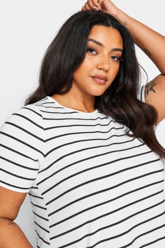 YOURS Plus Size White Stripe Ribbed T-Shirt | Yours Clothing 4