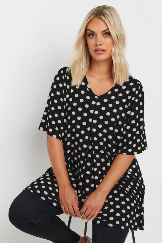 YOURS Plus Size Black Polka Dot Print Angel Sleeve Swing Top | Yours Clothing 1