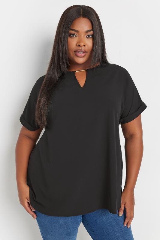 YOURS Plus Size Black Notch Neck Blouse | Yours Clothing 1