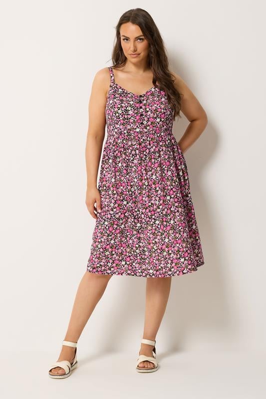 YOURS Plus Size Pink Ditsy Floral Strappy Midi Sundress | Yours Clothing 1