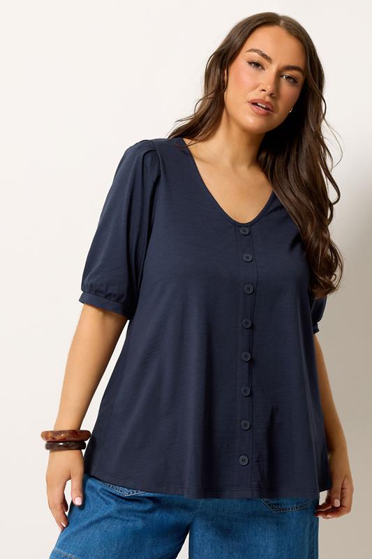 YOURS Plus Size Navy Blue Button Front Puff Sleeve Top | Yours Clothing  1