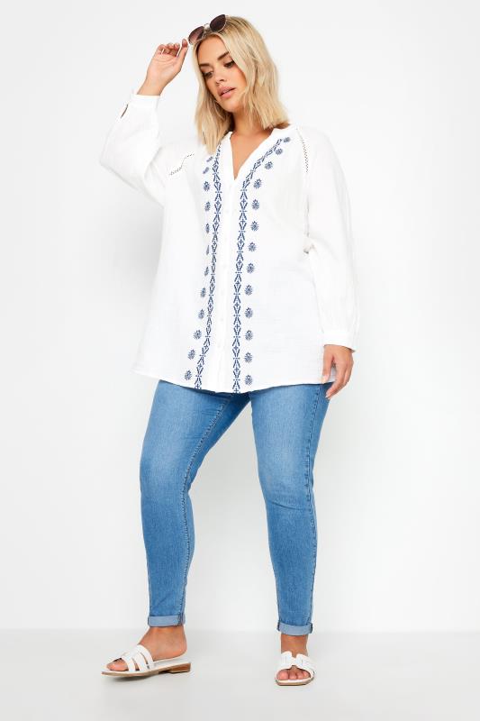 YOURS Plus Size White & Navy Blue Cheesecloth Blouse | Yours Clothing 3