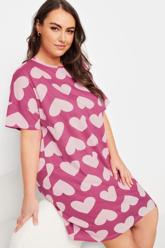 YOURS Plus Size Pink Heart Print Sleep Tee Nightdress | Yours Clothing  1