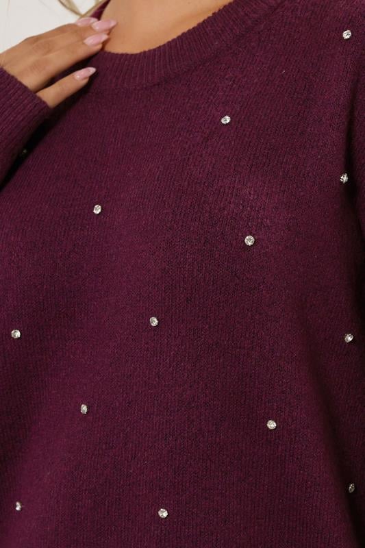 YOURS Plus Size Burgundy Red Diamante Embellished Jumper | Yours Clothing  4