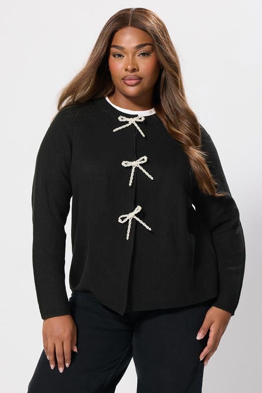 YOURS Plus Size Black Pearl Bow Front Through Cardigan 2