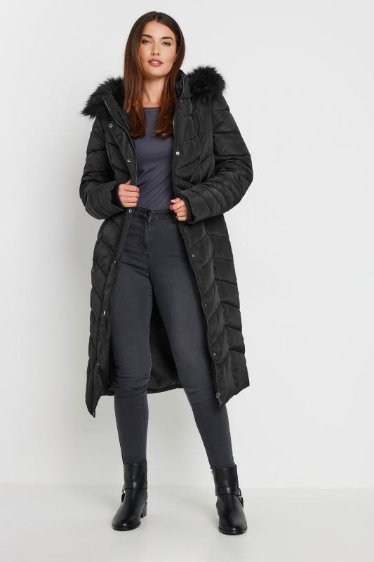 LTS Tall Women's Black Faux Fur Trim Padded Longline Coat | Long Tall Sally 2