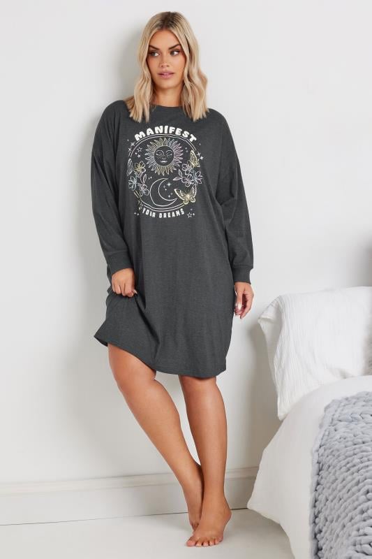 Plus Size  YOURS Curve Charcoal Grey 'Manifest Your Dreams' Slogan Long Sleeve Nightdress