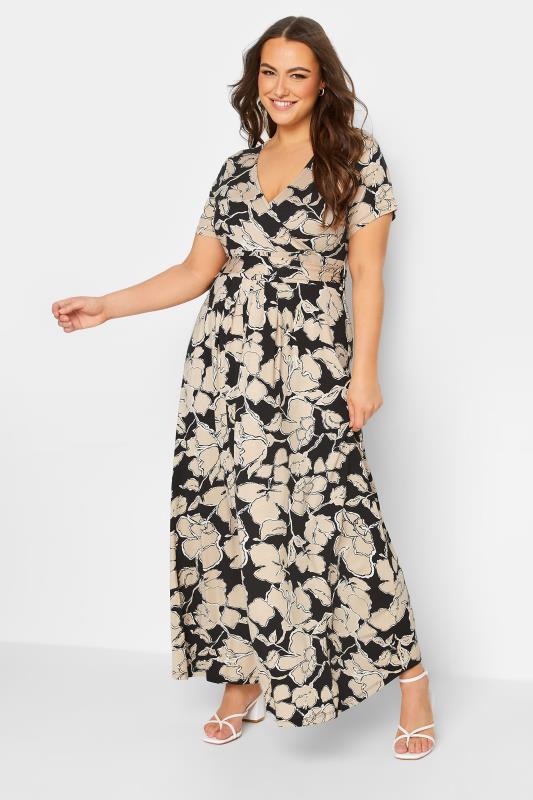 Plus Size  YOURS Curve Black & Beige Brown Floral Wrap Front Tie Maxi Dress