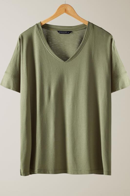 EVANS Plus Size Khaki Green V-Neck Modal Rich T-Shirt | Evans 5